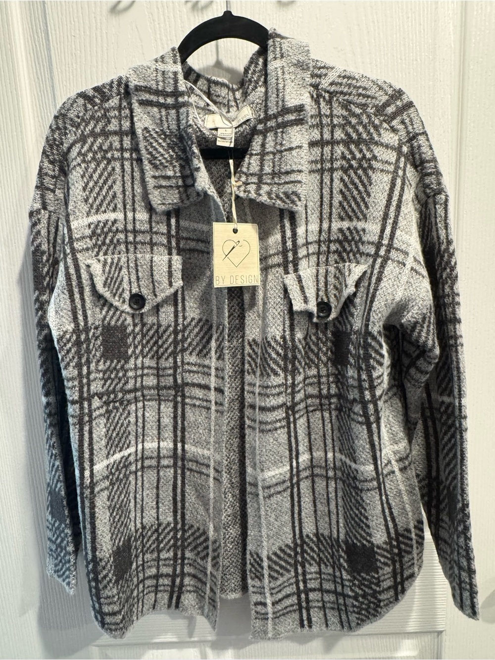NWT - By Design Plaid Knit Shacket Cardigan Jacket - Gray Black - Size L